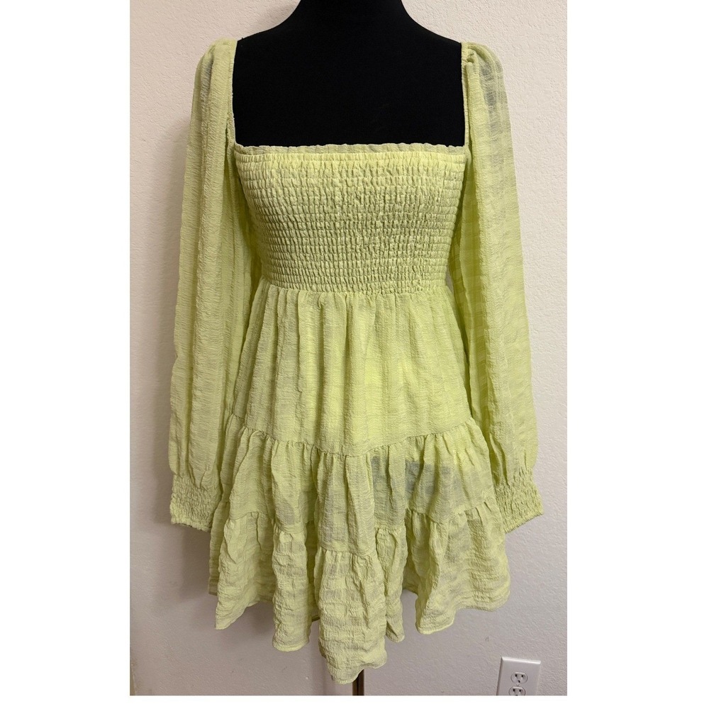 Urban Outfitters Lime Green Smocked Tiered Mini Dress Long Sleeve Small Lined - Picture 1 of 5